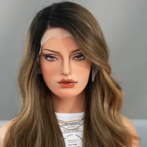 Close-up of the T lace wig hairline with ombre brown waves and natural hair texture
