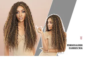 Detailed view of T-part long wavy synthetic wig with golden highlights and middle part