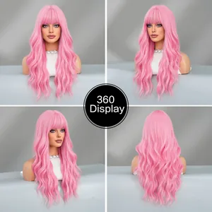 360-degree view of long wavy pink wig with bangs from front, side and back angles
