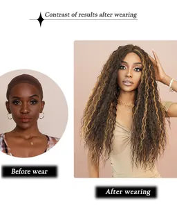 Before and after contrast showing natural long brown curly wavy wig with blonde highlights