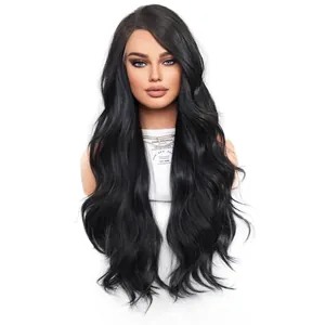 Natural black long wavy synthetic lace front wig with side part for women's daily style