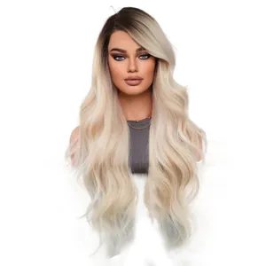 Long ombre blonde wavy lace wig with dark roots on a female mannequin torso