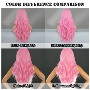 Pink long wavy wig color difference comparison in various lighting environments