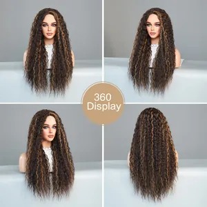 360-degree view of long wavy synthetic wig with dark brown base and honey blonde highlights
