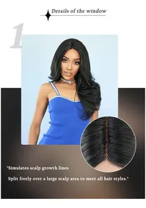 Close-up of the realistic simulated scalp and T-part lace seam on a wavy black wig