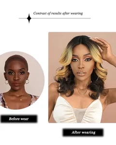 Contrast showing natural look before and after wearing the ombre blonde curly lace wig