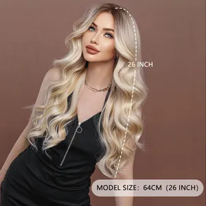 26 inch blonde middle part long wavy synthetic lace wig for women with natural hair texture