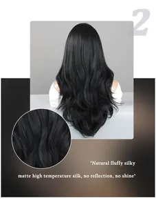 Detail of matte high temperature silk long wavy wig showing back view and fiber texture