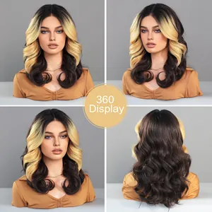 360-degree view of ombre brown to blonde wavy lace front synthetic wig for women