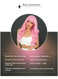 Detailed size chart for pink wavy wig showing 64cm length and matte silk material specs