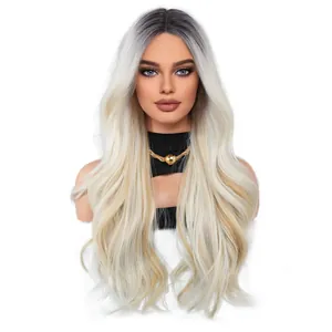 Long wavy ombre blonde wig for women with dark roots and platinum synthetic curls