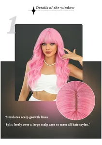 Detail view of pink wavy wig showing realistic scalp design and soft hair texture