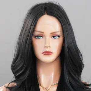 Close-up of black long wavy T-part lace wig hairline on a display mannequin