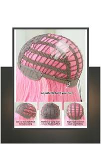 Detail of breathable pink wig rose net cap with simulation scalp and adjustable straps