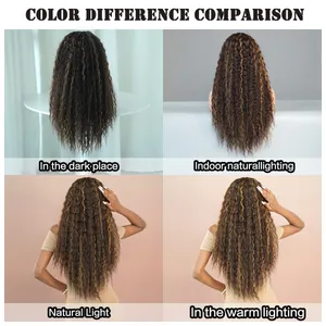 Long wavy T-part lace wig color comparison under indoor, outdoor and warm lighting conditions