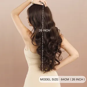 Deep brown T-part lace wig featuring 26-inch long wavy curls shown from back on a model