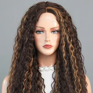 Detail of T-part lace front wig with long spiral curls and brown blonde highlights