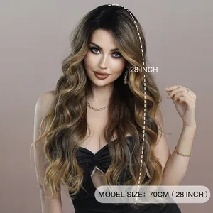 28 inch long wavy T-lace wig with ombre brown to blonde gradient hair for women