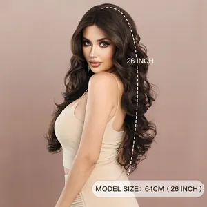 26 inch deep brown T-Part lace wig with natural long wavy curls for women