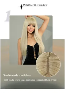 Détail d'une perruque blonde longue avec frange, design de cuir chevelu réaliste et naturel