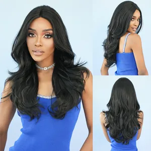 Long Wavy T-Part Lace Front Synthetic Wig Middle Part Heat Resistant Fiber Fashion Natural Black Purple Red Wigs For Women