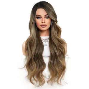 Long wavy T-lace wig with ombre reddish-brown gradient for women on a mannequin