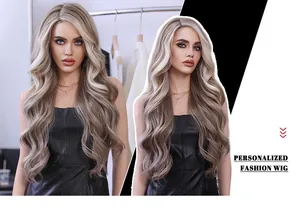 Detail view of long wavy T-part lace wig in gradient blonde ash grey tones