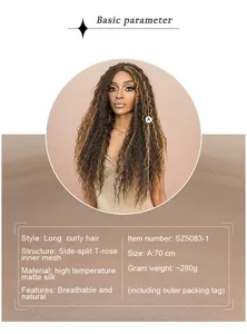 Detail view of long curly T-part lace wig with 70cm length and high-temperature matte silk