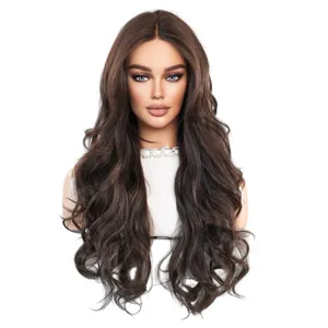 Long wavy T-part lace wig in dark brown with natural middle part and voluminous curls