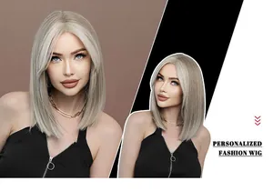 Close-up of light blonde Bobo lace front wig with natural mid-part straight hair
