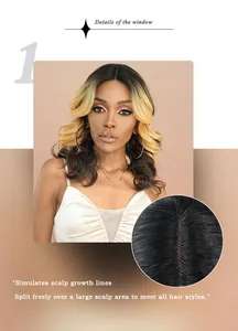 Macro view of realistic hairline and wide parting area on ombre blonde curly lace wig