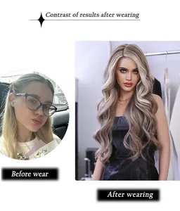 Side-by-side comparison showing before and after wearing long wavy ash blonde synthetic wig