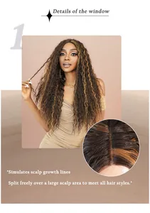Detail of high-quality long wavy synthetic wig showing realistic scalp and free parting