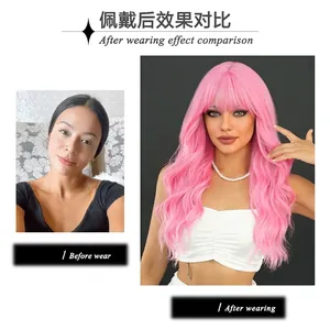 Long wavy pink wig with bangs for women featuring a before and after comparison view