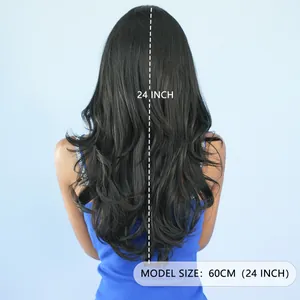 24-inch natural black long wavy T-part lace wig shown from a back view on model