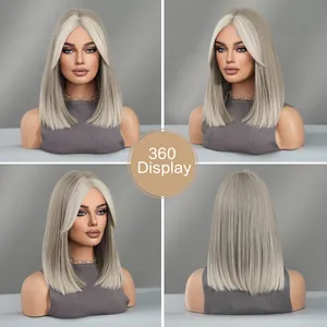 Detailed 360-degree view of a platinum blonde Bob wig with bangs on a mannequin