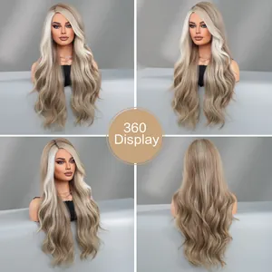 Detailed 360-degree view of long wavy ash blonde lace wig with light blonde highlights