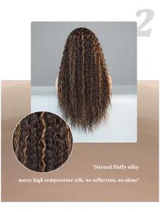 Macro view of matte long wavy wig fiber with dark brown and honey blonde highlights