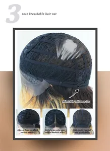 Detail view of breathable rose net structure and adjustable straps for curly wigs