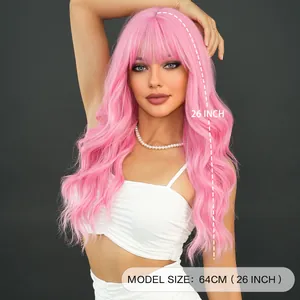 26 inch long wavy pink wig with bangs for women, professional synthetic hairpiece