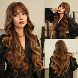 Perruque Longue Ondulée Avec Frange Mèches Blondes Fibre Synthétique Haute Température Perruques Ondulées Ombrées Pour Femmes Cosplay Fête Quotidien