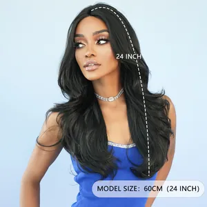 Long wavy T-part lace wig in natural black color 24 inch length on a female model