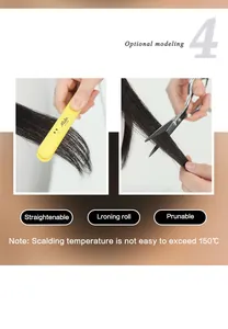 Detail showing high-heat fiber hair extensions being straightened and trimmed at 150°C