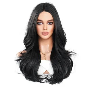 Natural black long wavy T-part lace wig with center parting on female mannequin head