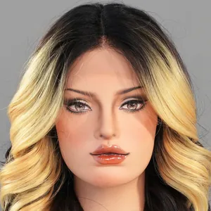 Close-up of curly ombre blonde wig with dark roots and realistic lace front hairline