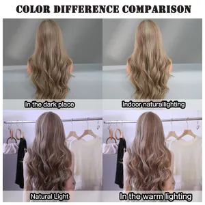 Long wavy T-part lace wig shown in various lighting from indoor natural to warm light