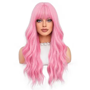 Long pink wavy wig with bangs for women, 24-26 inch sakura pink loose curls hairpiece
