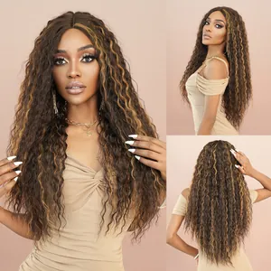Long Deep Wave Lace Front Wig Highlight Brown Synthetic Heat Resistant T Part Lace Wigs For Women Natural Curly Daily Wear