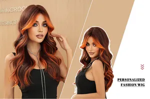 Detail of long wavy synthetic wig with dark brown base and orange money piece highlights