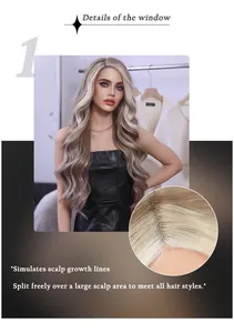Detail of ash blonde wavy lace wig showing realistic scalp design and long synthetic curls
